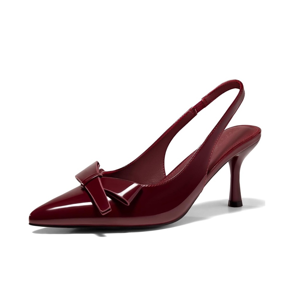 Coutgo Burgundy Slingback Kitten Heels Bow Closed Pointed Toe Pumps Slip on